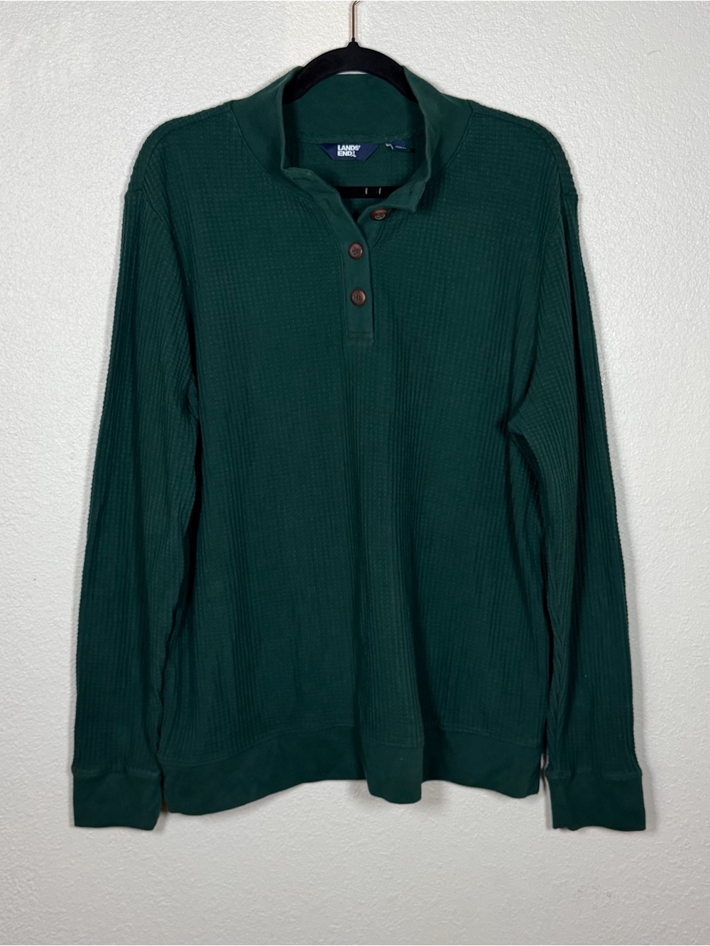 Lands End Women’s L Waffle Knit Oversized Long Sleeve Henley Gorpcore Granola